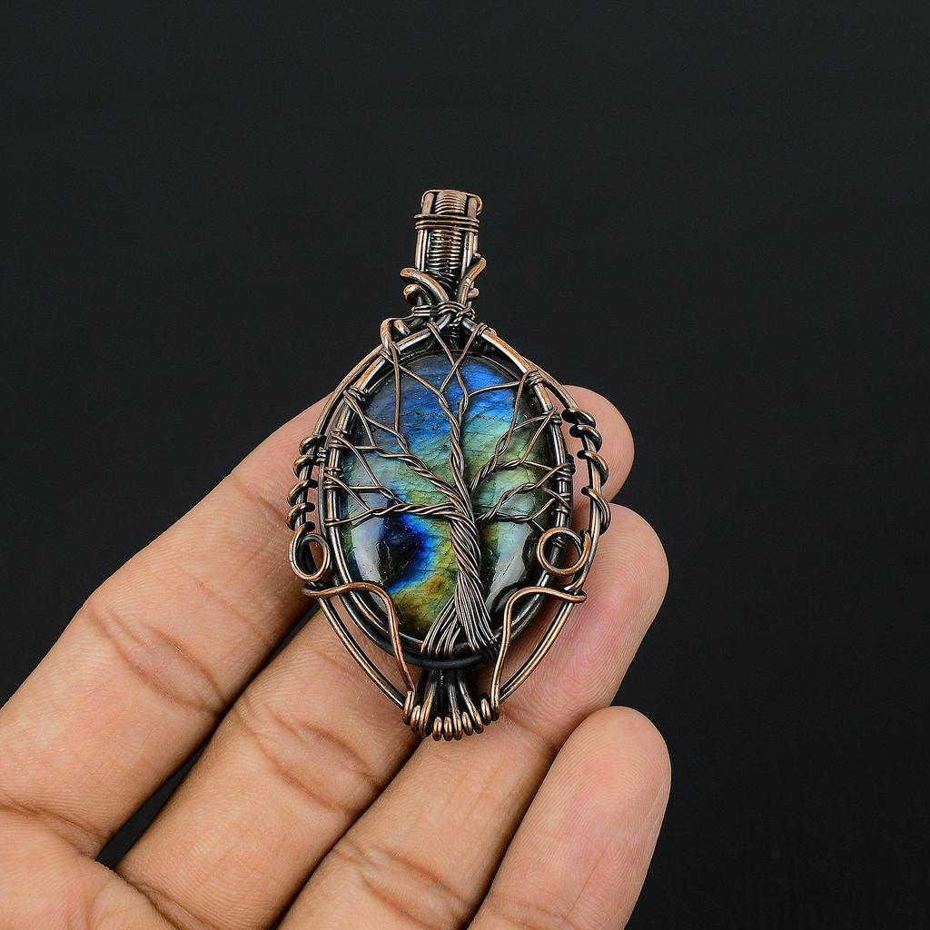 Tree Of Life Labradorite Pendant, Handmade Gemstone 999 Copper Wire Wrapped Pendant Antique Jewelry, For Gift Silver Jewelry