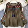 Женская весенняя блузка с вышивкой, винтажный этнический фонарь с длинными рукавами и круглым вырезом, свободная хлопковая льняная рубашка, повседневный топ D5082