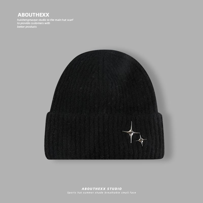 Women's Autumn and Winter Wool Hat Big Head Circumference Versatile Warm Ear Protection Cold Hat Showing Face Small Stars Decorative Knitted Hat Men