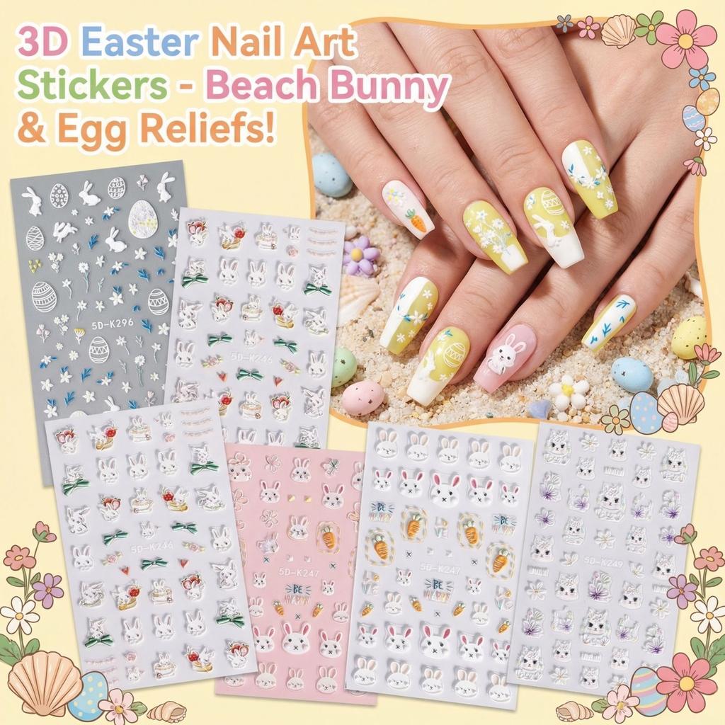 Nail Stickers Featuring Seven-spotted Ladybugs, Bees, Three-dimensional Relief Of Beaches And Sea Shells, And Nail Stickers Of Sea Snails.