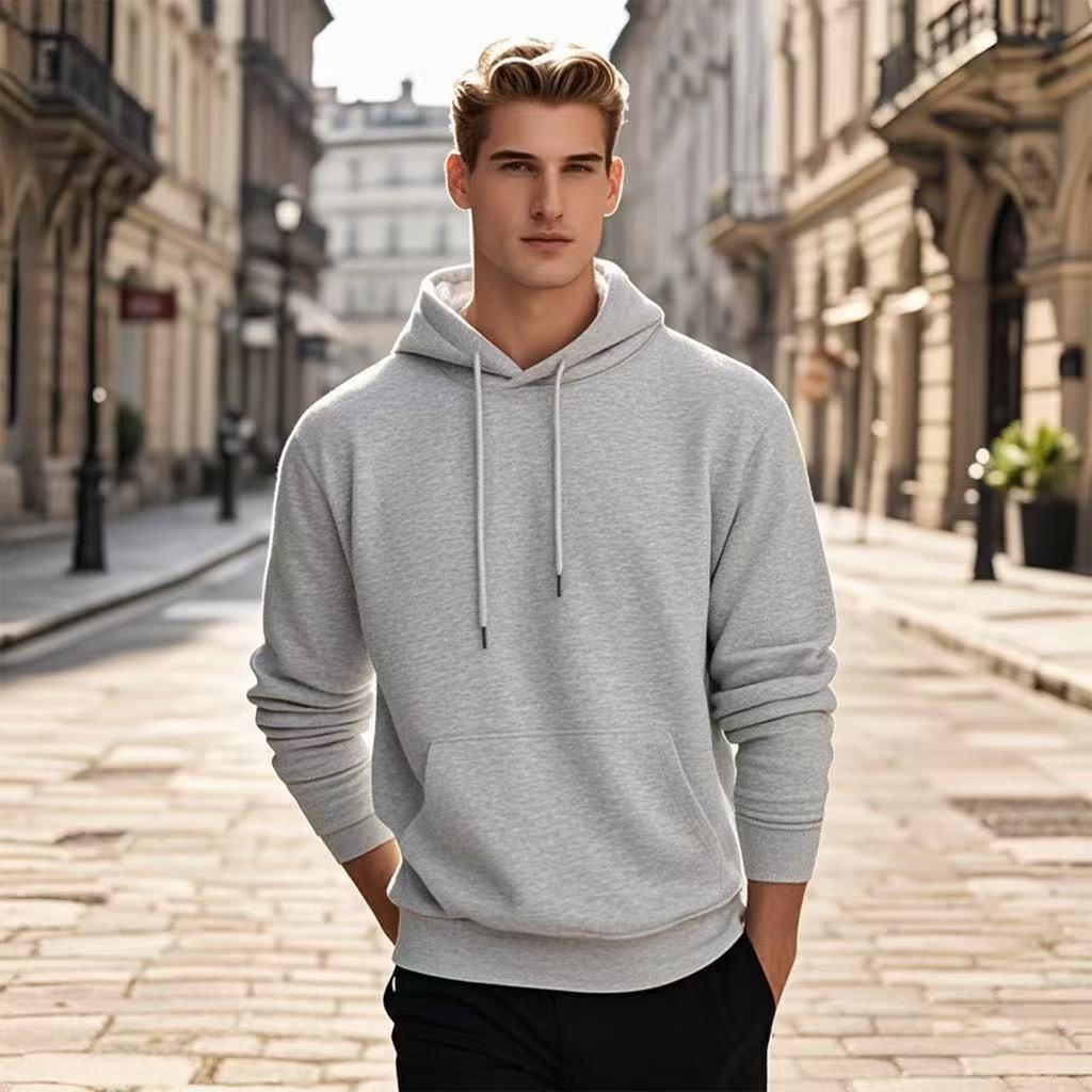 Men's Pullover Hooded Sweatshirt Solid Color Round Neck Loose Hoodie Long Sleeve Top