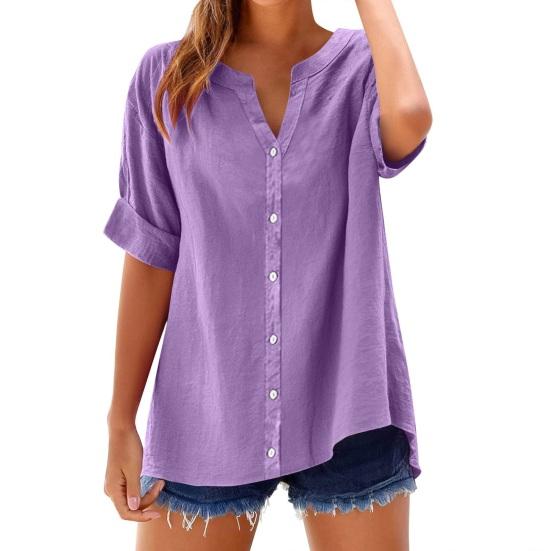 Женская рубашка с V-образным вырезом, рукавом до локтя, планкой на пуговицах, однотонная, свободного кроя, летняя, повседневная