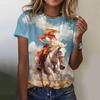 Western Cowgirl Print Vintage Women's T-shirts Casual Short Sleeves Tees Tops Summer Loose Handsome Women Clothing Pullover