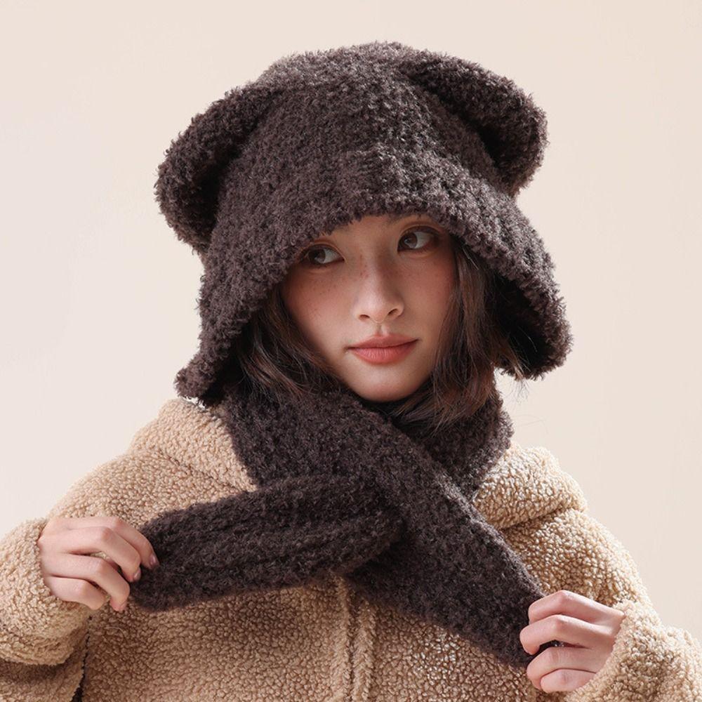 Velvet Cute Beanies Warm Hat Scarf Integrated Cartoon Plush Bear Ear Hat Streetwear
