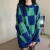 Autumn Winter Plaid Sweater Women's Thickened Loose Pullover Round Neck Knitted Top