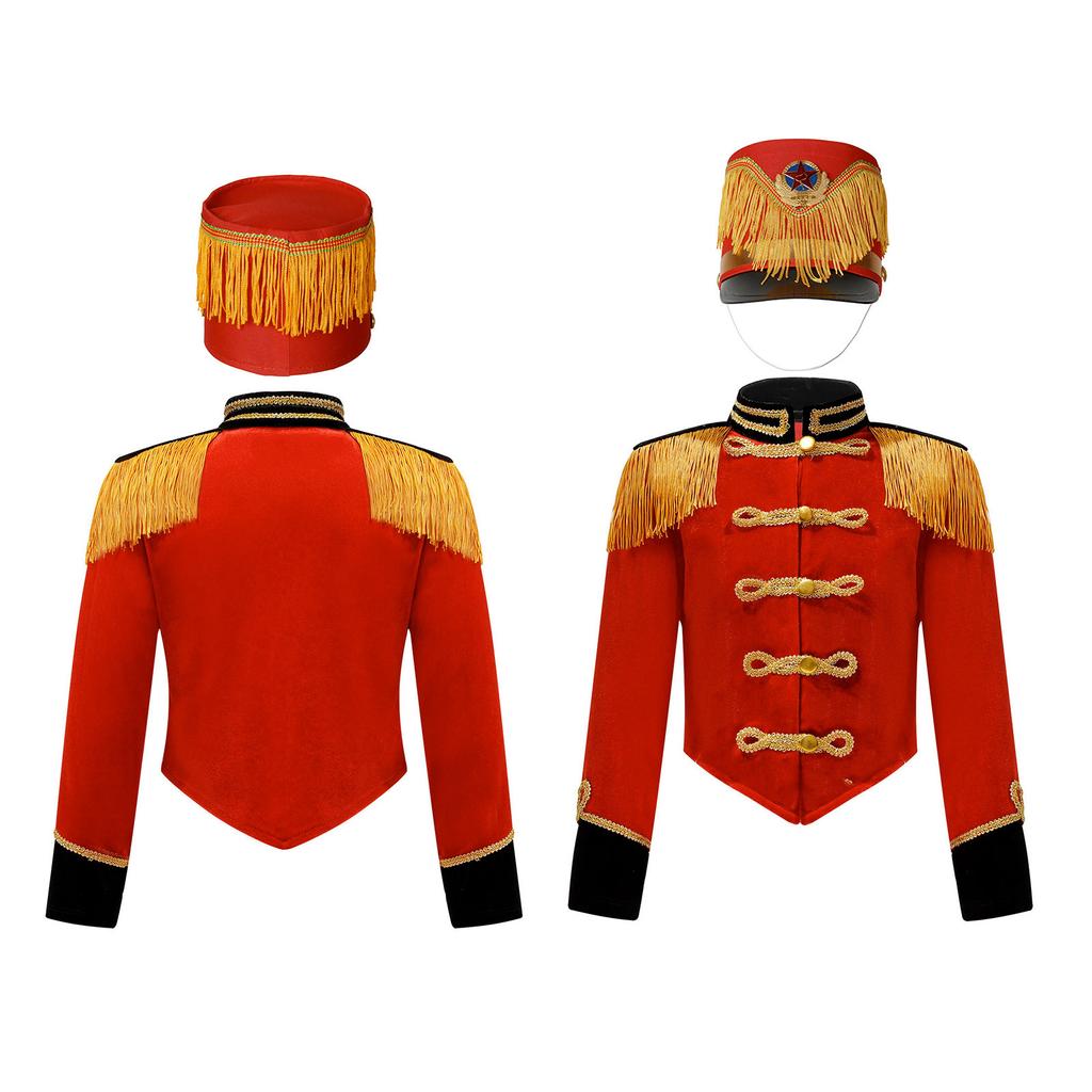 Boys Girls Drum Major Team Uniform Nutcrackers Costume Set Marching Band Tassel Jacket Coat Hat Outfits for Drummer Performance