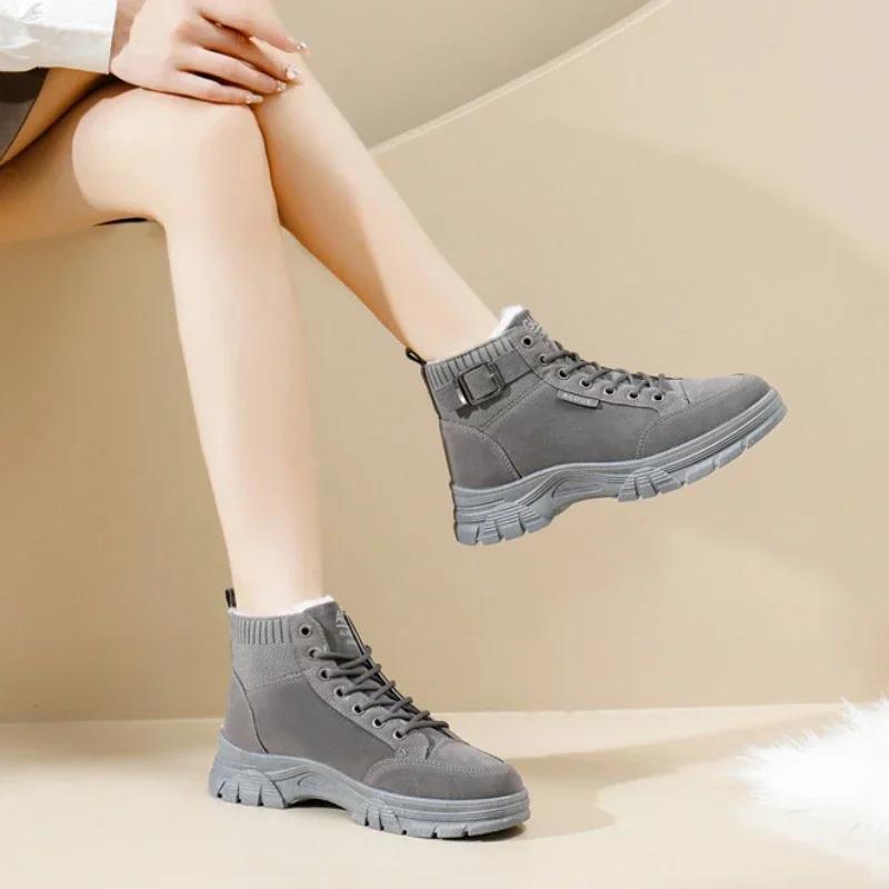 Модные женские зимние ботинки на высокой платформе со шнурками, байкерские ботинки со шнуровкой и круглым носком, черные женские ботинки, женская зимняя обувь 2024 года с подкладкой