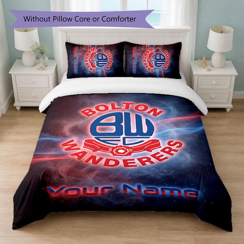 Bolton Wanderers FC Custom Name Text Bedding Set 1 Duvet Cover+2 Pillowcases Soccer Logo Personalized Gift For Special Occasion Bedroom Decor
