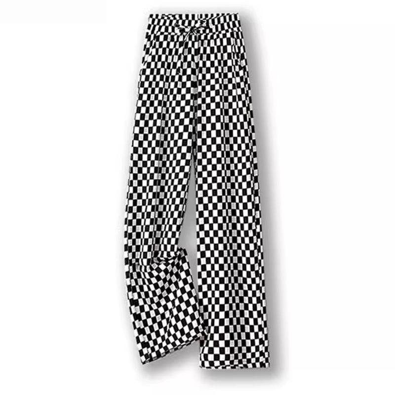 Женские летние брюки из ледяного шелка в клетку с широкими штанинами - Черно-белые с прямыми штанинами