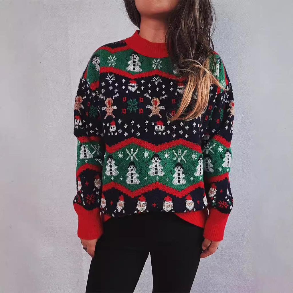 Christmas Sweater Autumn and Winter New Style Knitted Jacquard Acrylic Loose High Neck Long Sleeved Lazy Pullover New Year Sweater 3528