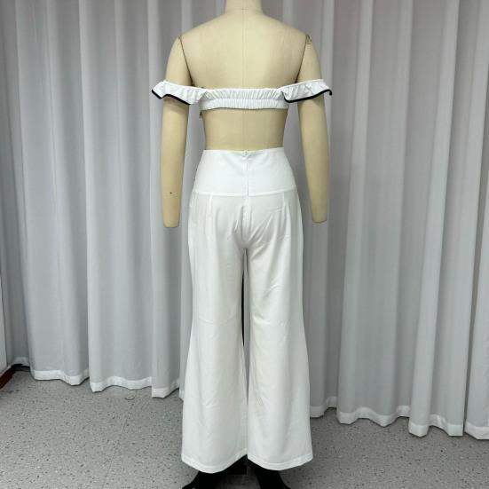 2 Pcs/Set Women Crop Top Pants Suit Low-cut Bandeau Sleeveless Ruffle Backless High Waist Wide Leg Striped Solid Color Commute Soft Summer Tube