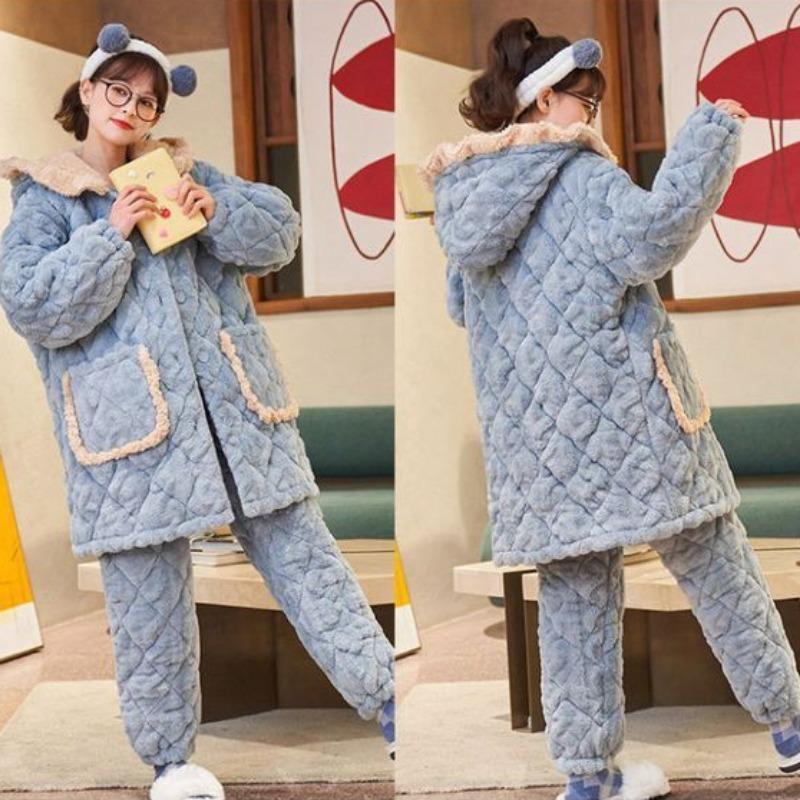 New Coral Fleece Pajamas Women's Autumn and Winter Pajamas Three Layers Thickened Plush Home Clothes Warm Cotton Home Clothes Set