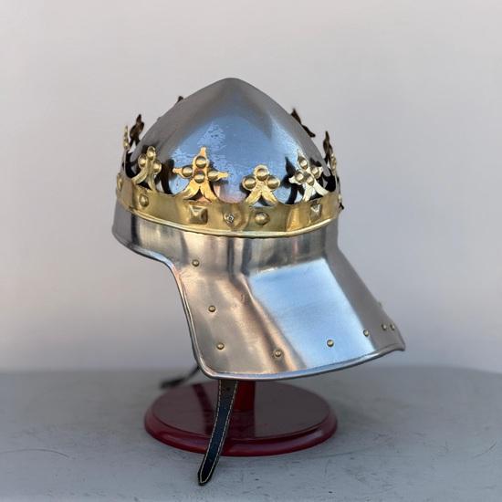 Handmade Steel King Helmet with Brass Crown, Display Stand Included