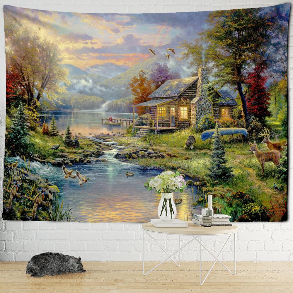 Рождественская снежная ночь, карта путешествий, гобелен, настенный психоделический лесной дом, иллюстрация, домашний декор для гостиной