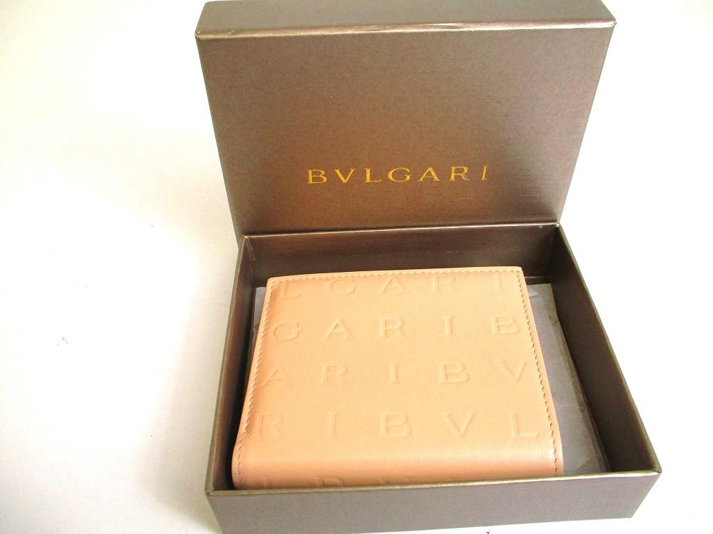 Authentic BVLGARI Logo Infiniteum Pink Beige Leather Bifold Wallet Compact Wallet #b169 Open box
