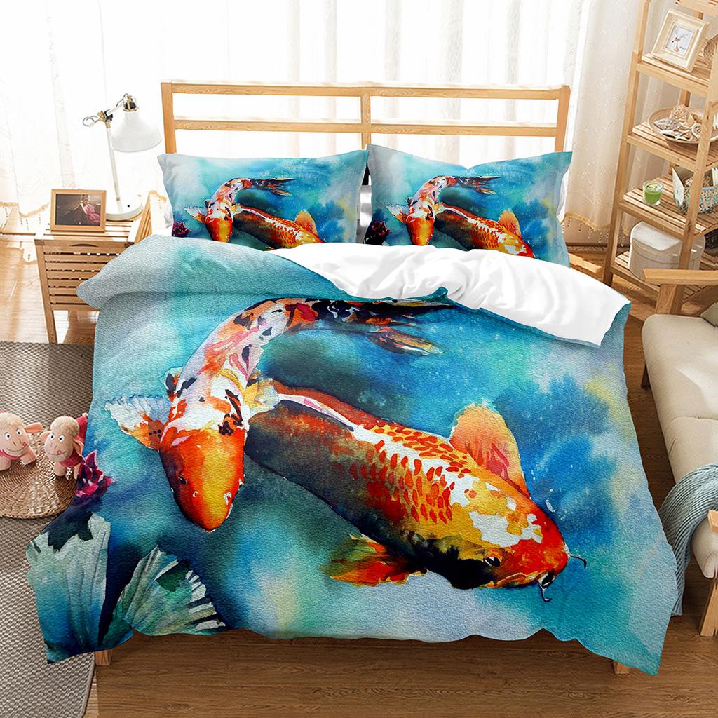 Fish Duvet Cover Set Koi Carp Pattern Polyester Comforter Cover King Queen Full Size for Kids Teens Bedding Set with Pillowcase
