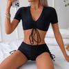 2025 European American Solid Color Drawstring Bandeau Bikini Swimsuit