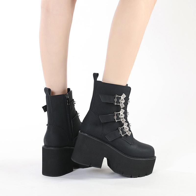 Fashion Women's Platform Goth Fashion Mid Calf Boots Punk Motorcycle Chunky High Heeled Shoes Women Leather Black Bat Buckle Ankle Botas