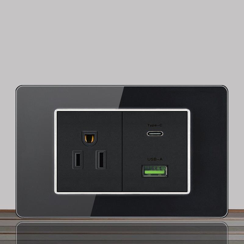 Brazil US Wall Light Switch Power Socket with USB Type-c 20W,Italy Chilean Fast Charging Tempered Glass Panel Universal Outlet