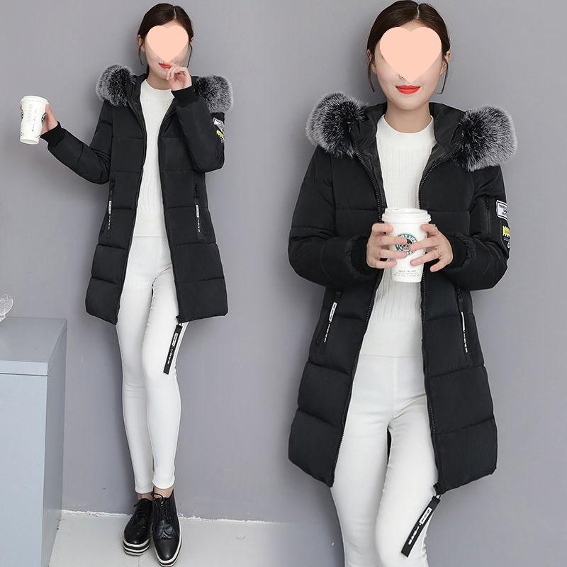 Women's Mid-Length Cotton Jacket, 2025 Korean Style, Mint Mambo, Long Slim Fit with Fur Collar