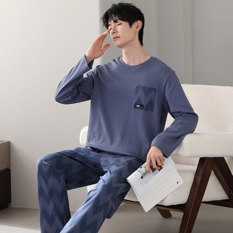 Пижама из чистого хлопка мужская весенне-осенняя простая повседневная в спортивном стиле хлопковая с длинным рукавом и брюками домашняя одежда