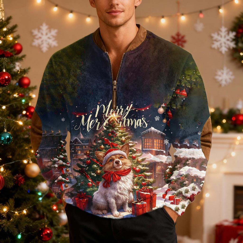 Мужской рождественский свитер на молнии, винтажный вязаный графический свитшот, рождественский пуловер со стойкой