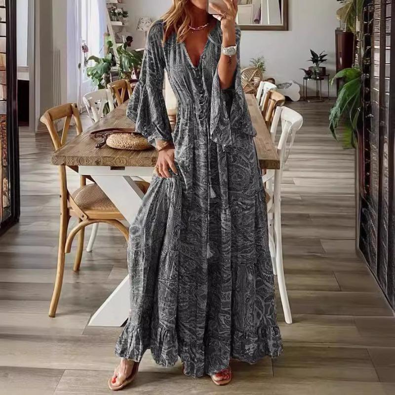 Trumpet Sleeve Printed V-neck High Waisted Vacation Dress with Floral Detailing for Women Casual Dresses
