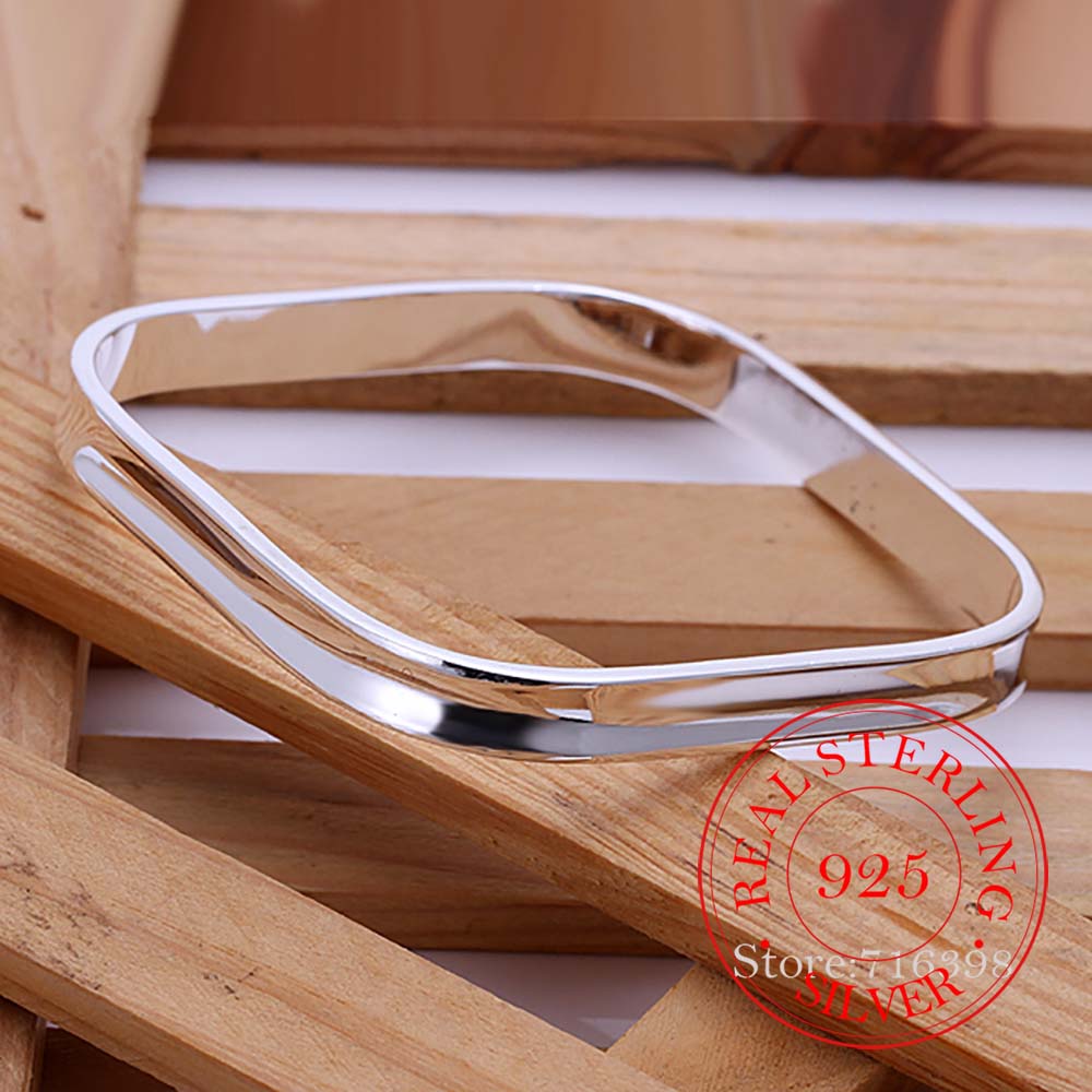 Genuine 925 Sterling Silver Bangles For Women Wedding Engagement Party Style Small Square Bangle-no Words Bracelet Jewelry
