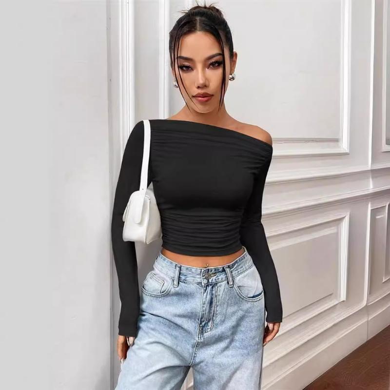 Европейская и американская однотонная футболка с косыми плечами и длинными рукавами, осенняя, острая, модная, для девушек, облегающая футболка