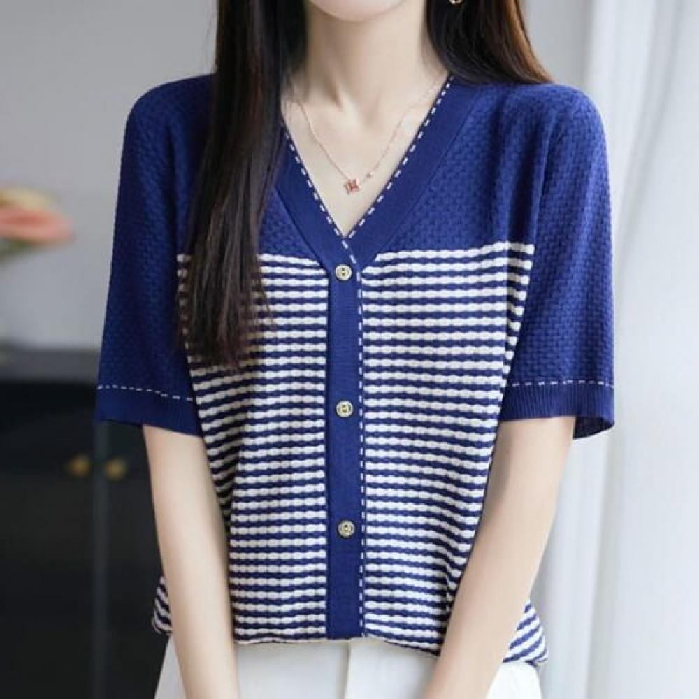 NaVaVa V Neck Short sleeVe Knit Cardigan Color Block Striped Nk3078