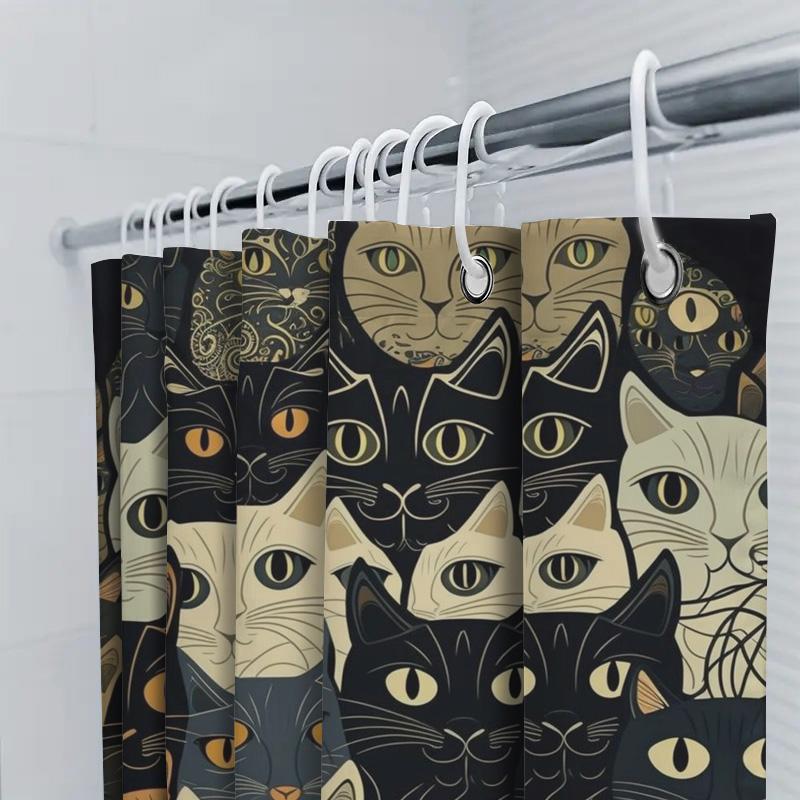 Очаровательные кошки Занавеска для душа Черно-белая с желтыми акцентами Узор Декоративный текстиль для ванной Водонепроницаемая ткань Разные размеры в наличии