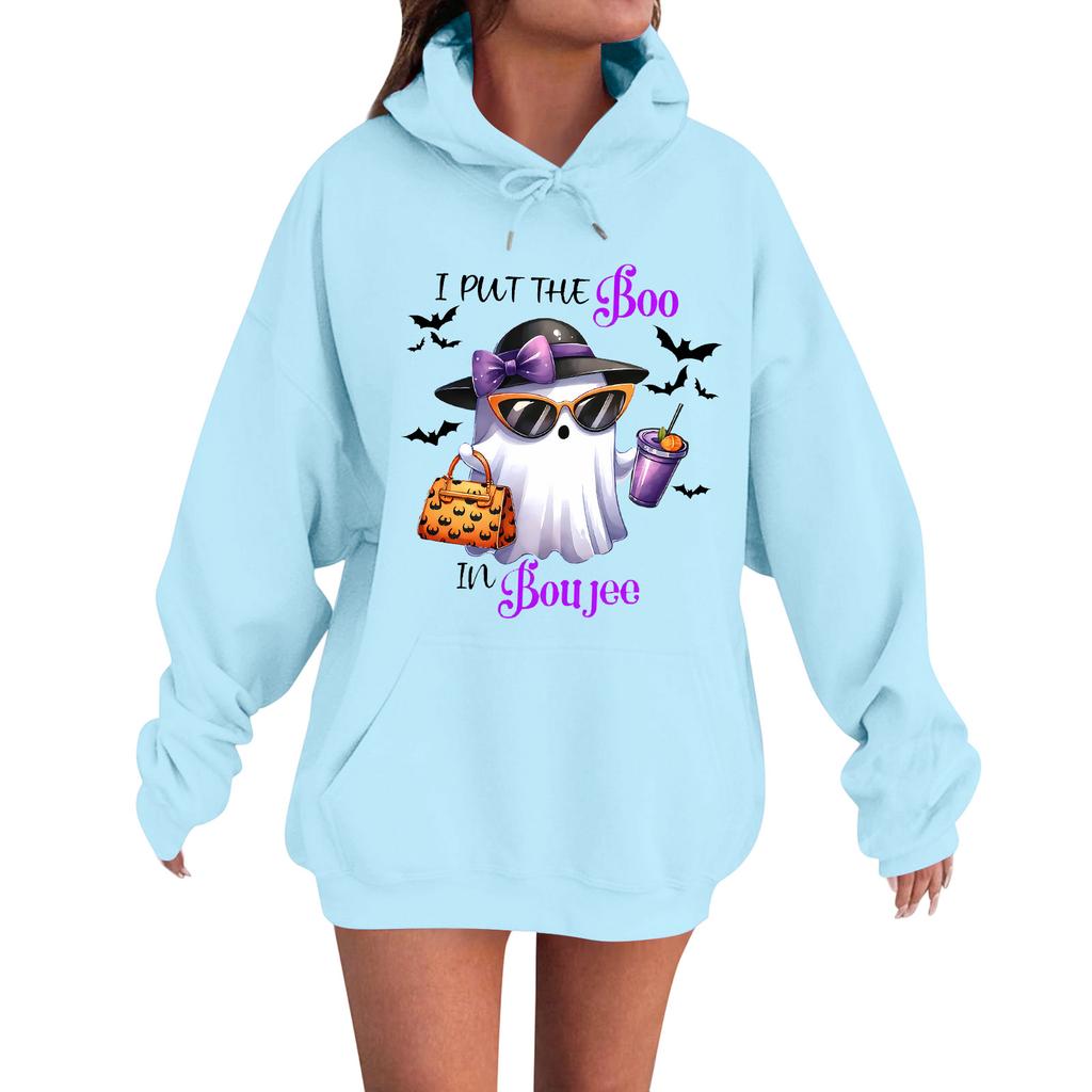 Женская повседневная модная удобная толстовка с круглым вырезом, капюшоном и длинными рукавами с принтом на Хэллоуин, теплая