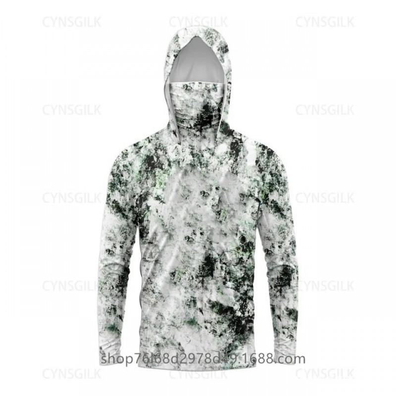 Mens Quick-Dry Ice Silk Long Sleeve Fishing Shirt With Hood Integrated Face Cover UV Protection Outdoor Sunproof Apparel