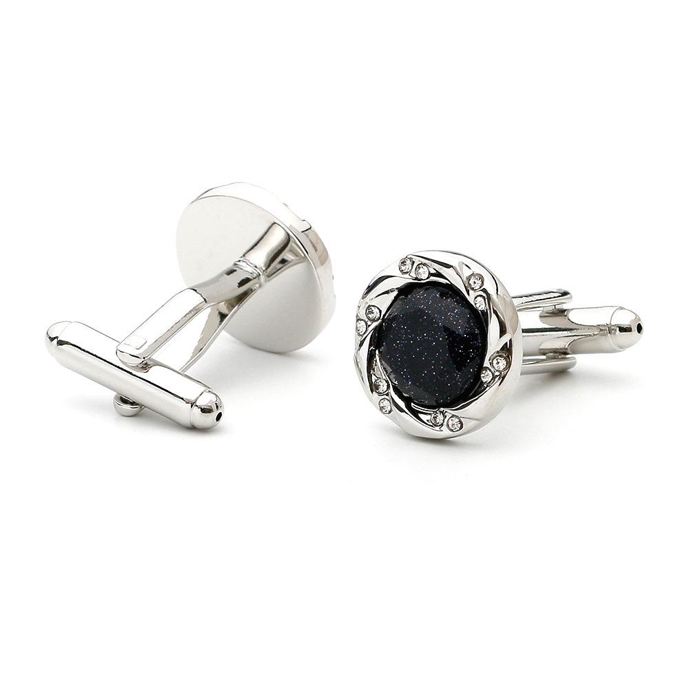 Men's Cufflink Set, Black Blue Sandstone with Rhinestone Cufflinks, Comes with an Gift Box.