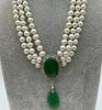 Lady's Finest Accessory  3 Rows White Pearl 7-8mm Green Jade Pendant Necklace