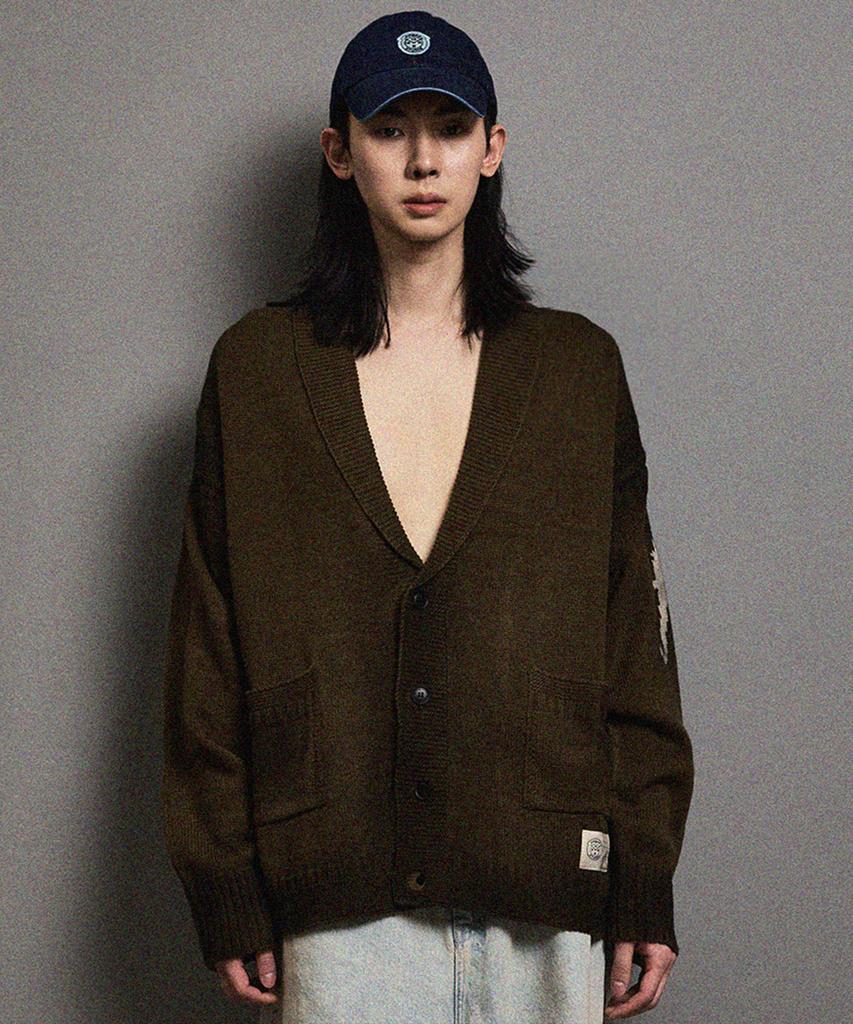 Ffeff Studio Vintage Washed Ffeff Logo Shawl Collar Cardigan (Khaki)