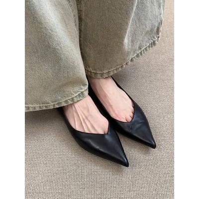 Версия из овчины~ Простой ретро стиль верхняя одежда туфли для通勤 женские кожаные с острым носком на низком каблуке темпераментные на одной педали профессиональные одинарные туфли