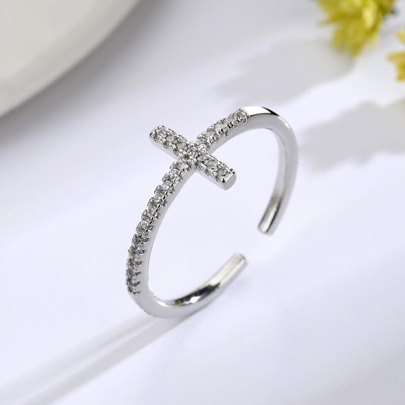 Korean Zircon Ring Personality Cross Open Adjustable Finger Rings for Women Silver Jewelry Accessories Party Gift