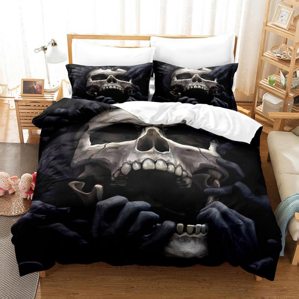 3D Printed Skull Head Bedding Set Halloween Themed Down Duvet Cover Pillowcases, 2/3 Pieces, Boys Room Horror Pattern Quilt Cover