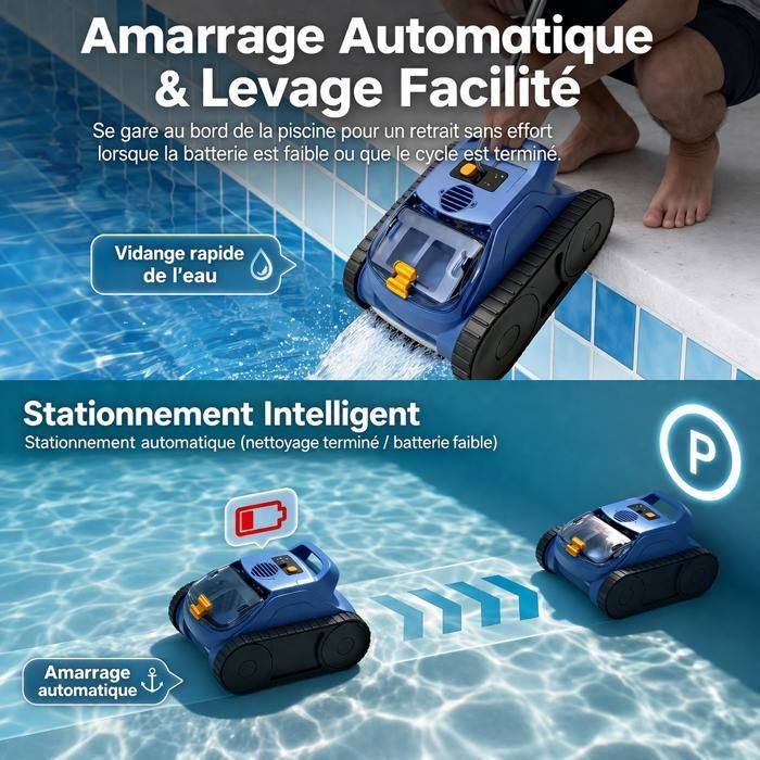 Robot Piscine Sans Fil, Nettoie Sol/Parois/Ligne d’Eau, Autonomie 180Min&200m², Double Filtration Ultra-Fine Puissant Filtration 3L