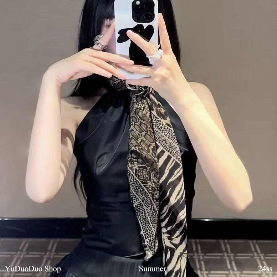 Elegant Leopard Print Silk Scarf Women DIY Tie Method Luxury Print Detachable Flower Headscarf Girls Fashion Ribbon Rose Scarf