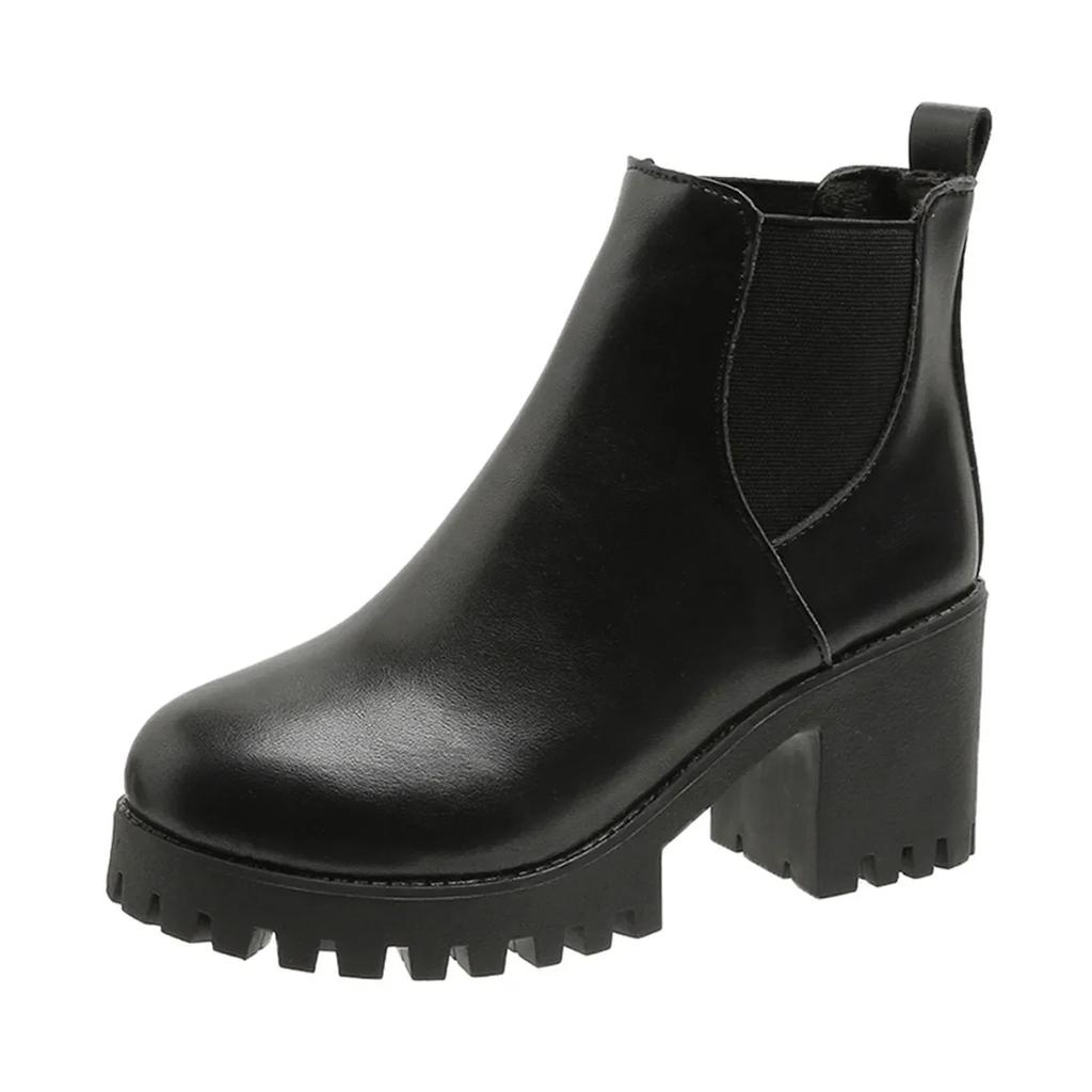 Chunky Ankle Boots Women Square Heel 2025 Autumn Winter New Single Boot Frosted Black Height-raising Platform Heels