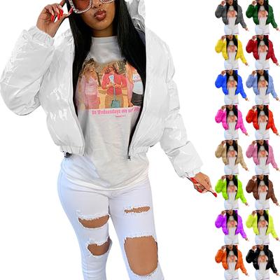 Женская и зимняя однотонная зеркальная молния из искусственной кожи с воротником-стойкой и однотонным зеркальным узором