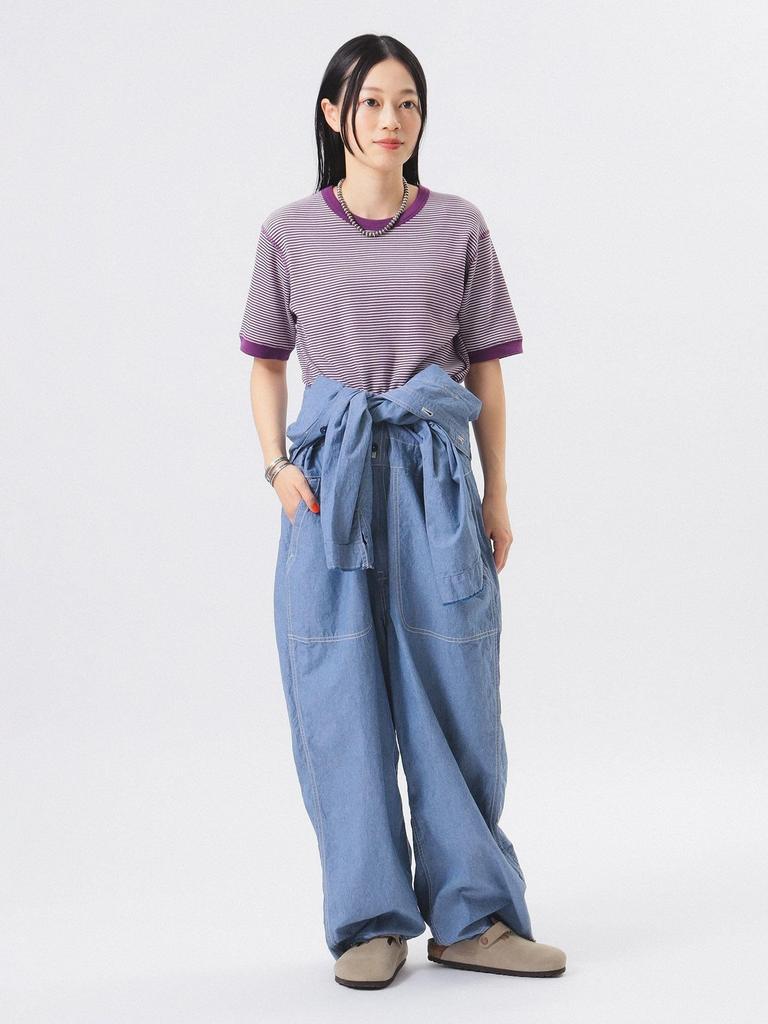 Beams Boy S/S TEE [Special Order] Healthknit Waffle Striped T-Shirt, Women's, Purple/Off-White