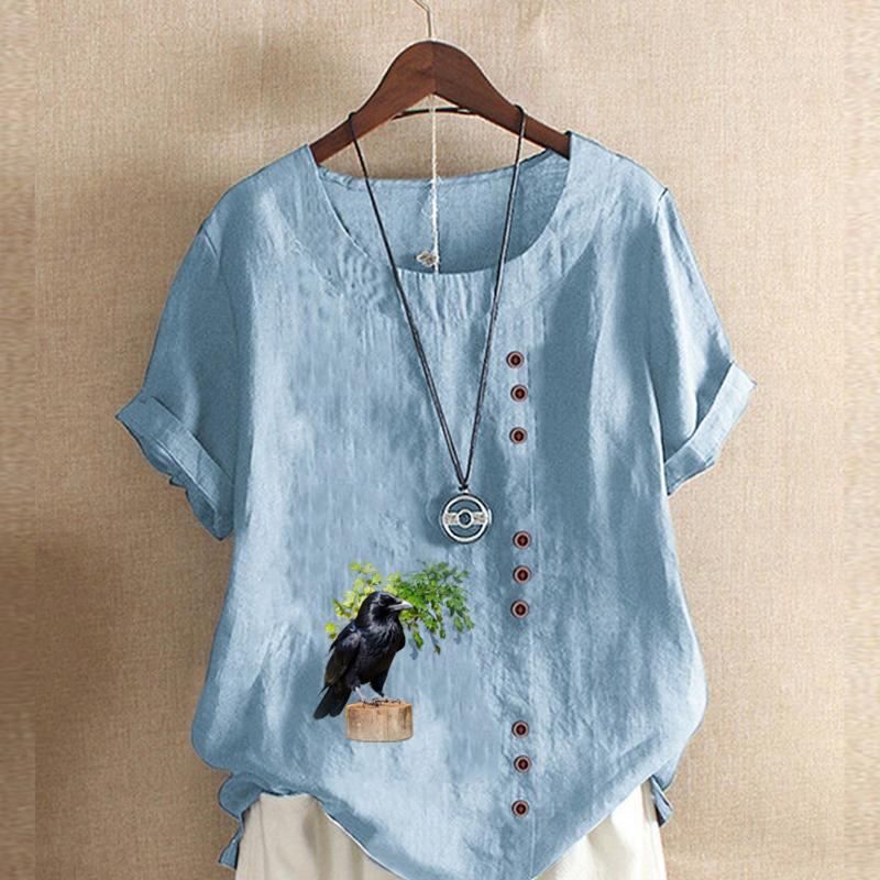 Women's Fashion Crow Prined Round Neck Short Sleeve T-shirt Casual Cotton Linen Graphic Shirt Leisure Loose Summer Blouse Tops