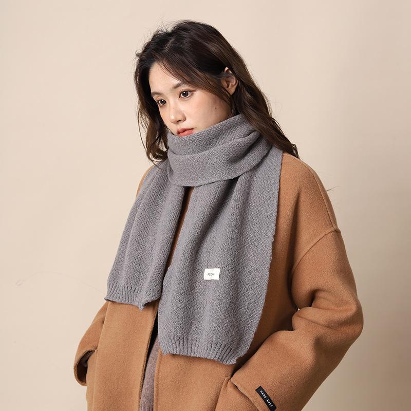 Classic Solid Color Long Label Knitted Yarn Scarf For Women'S Autumn And Winter Korean Style Versatile Warm And Thick Student Scarf For Couples