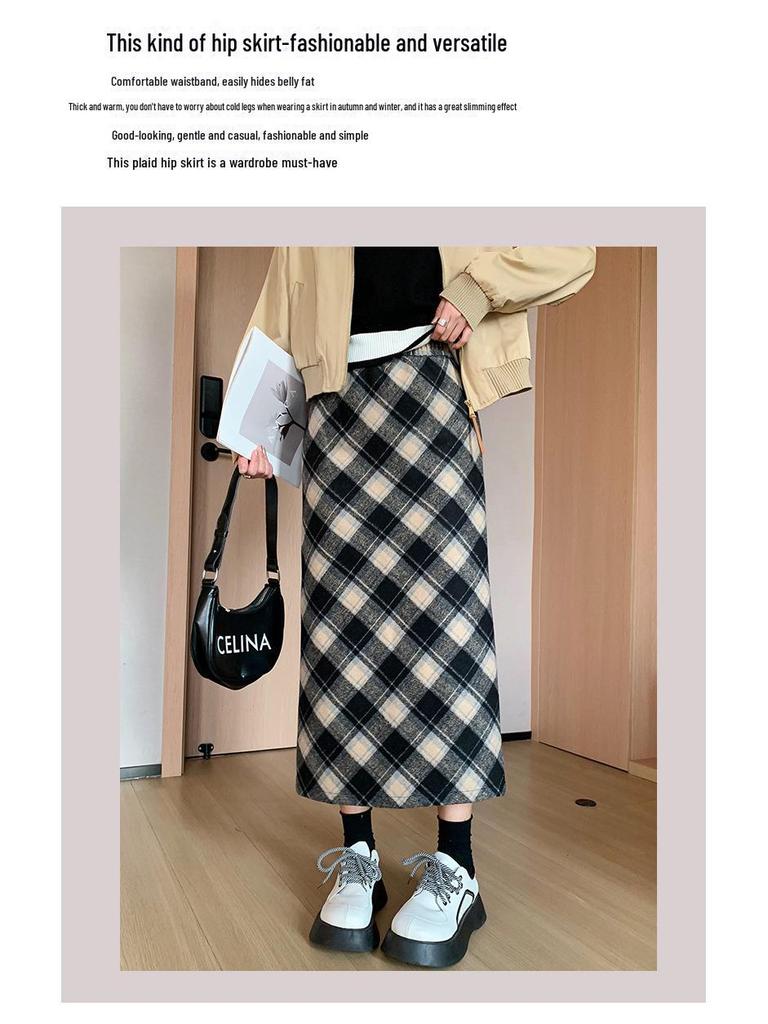 Женская шерстяная клетчатая юбка с высокой талией - узкий А-силуэт средней длины, утолщенная для осени/зимы 2024 г.