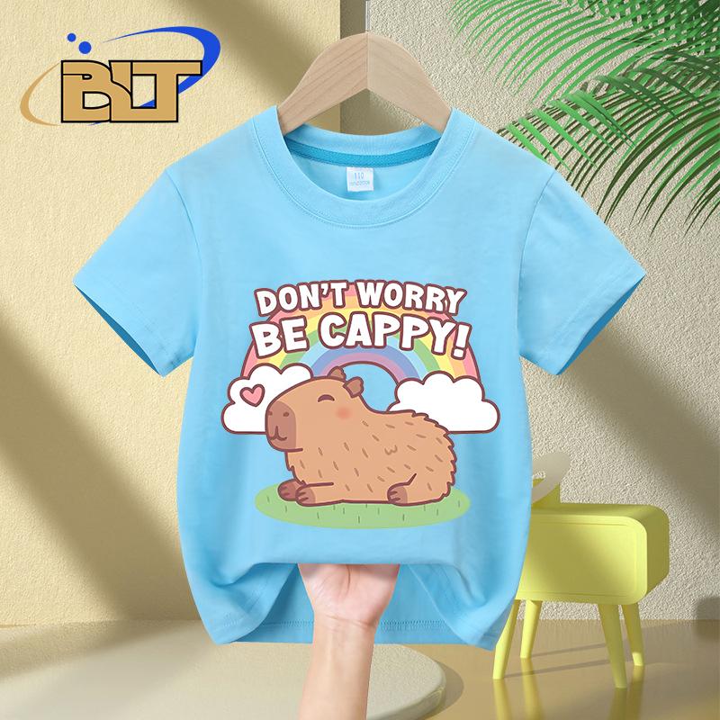Cute Capybara And Rainbow Dont Worry Be Cappy kidsTshirt summer pure cotton shortsleeved casual top for boys and girls