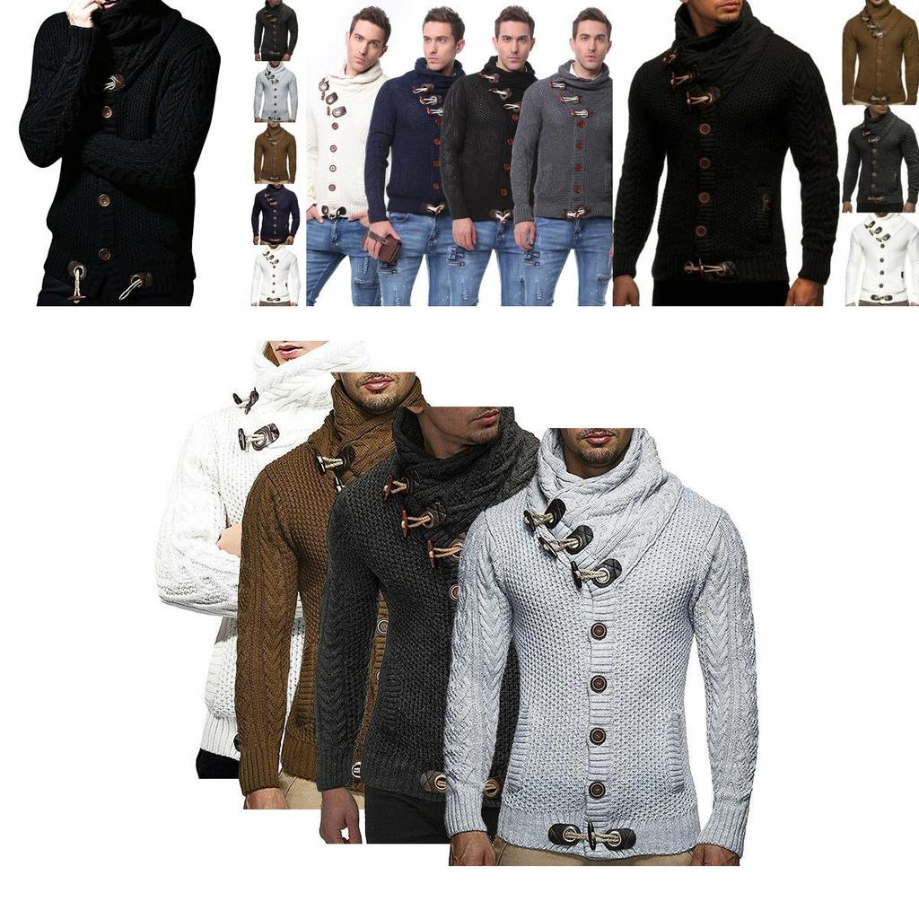 Элегантный мужской трикотажный свитер с длинным рукавом, пуговицами-рожками и воротником-стойкой, пальто-кардиган