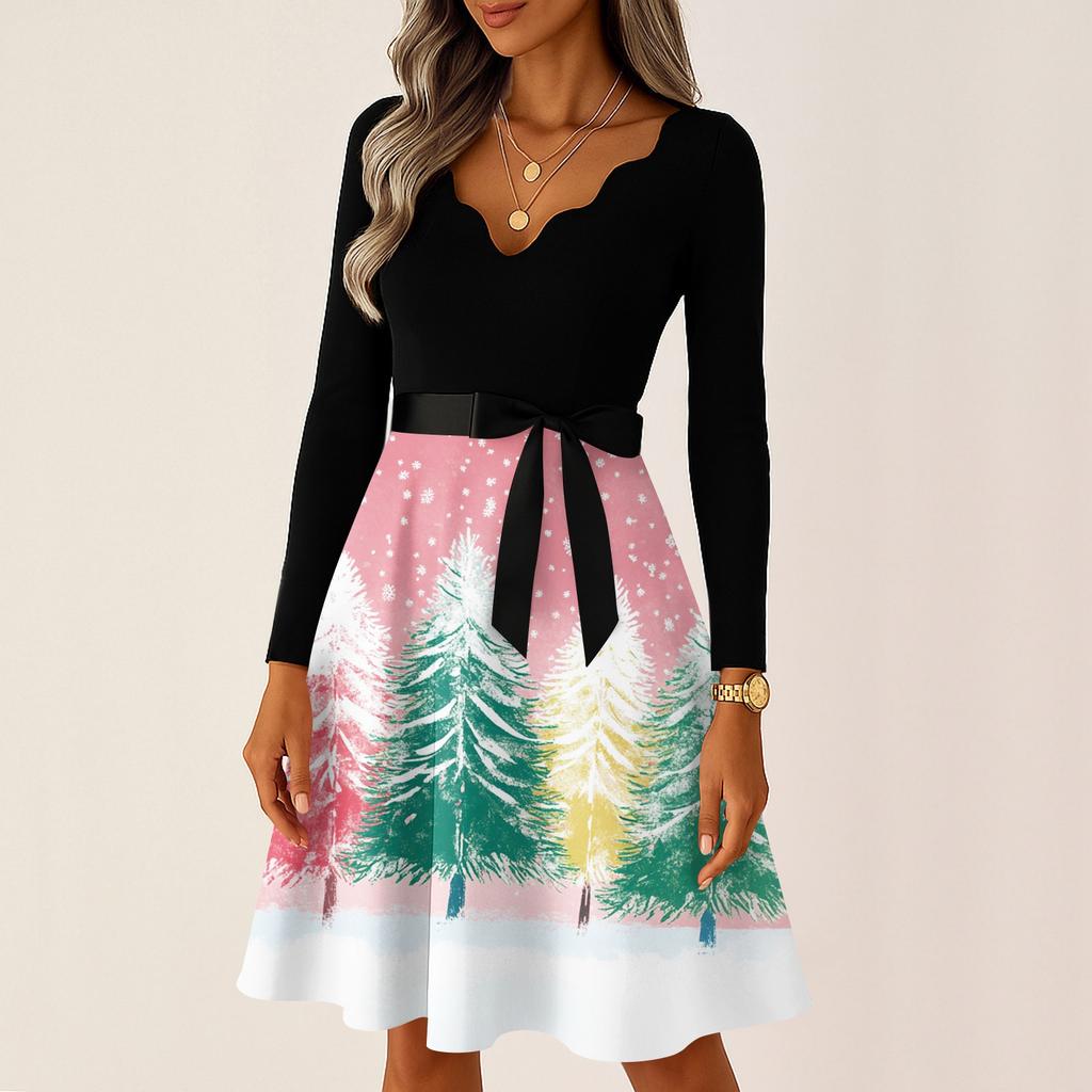 Женские повседневные модные платья с V-образным вырезом и длинным рукавом, с рождественским принтом для вечеринки, винтажные длинные платья